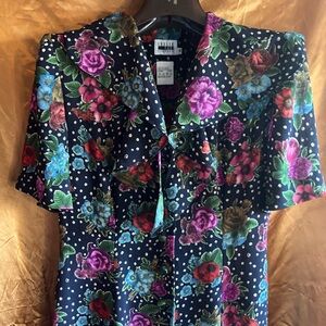 Vintage Leslie Fay Navy Floral Polka Dot Dress Small